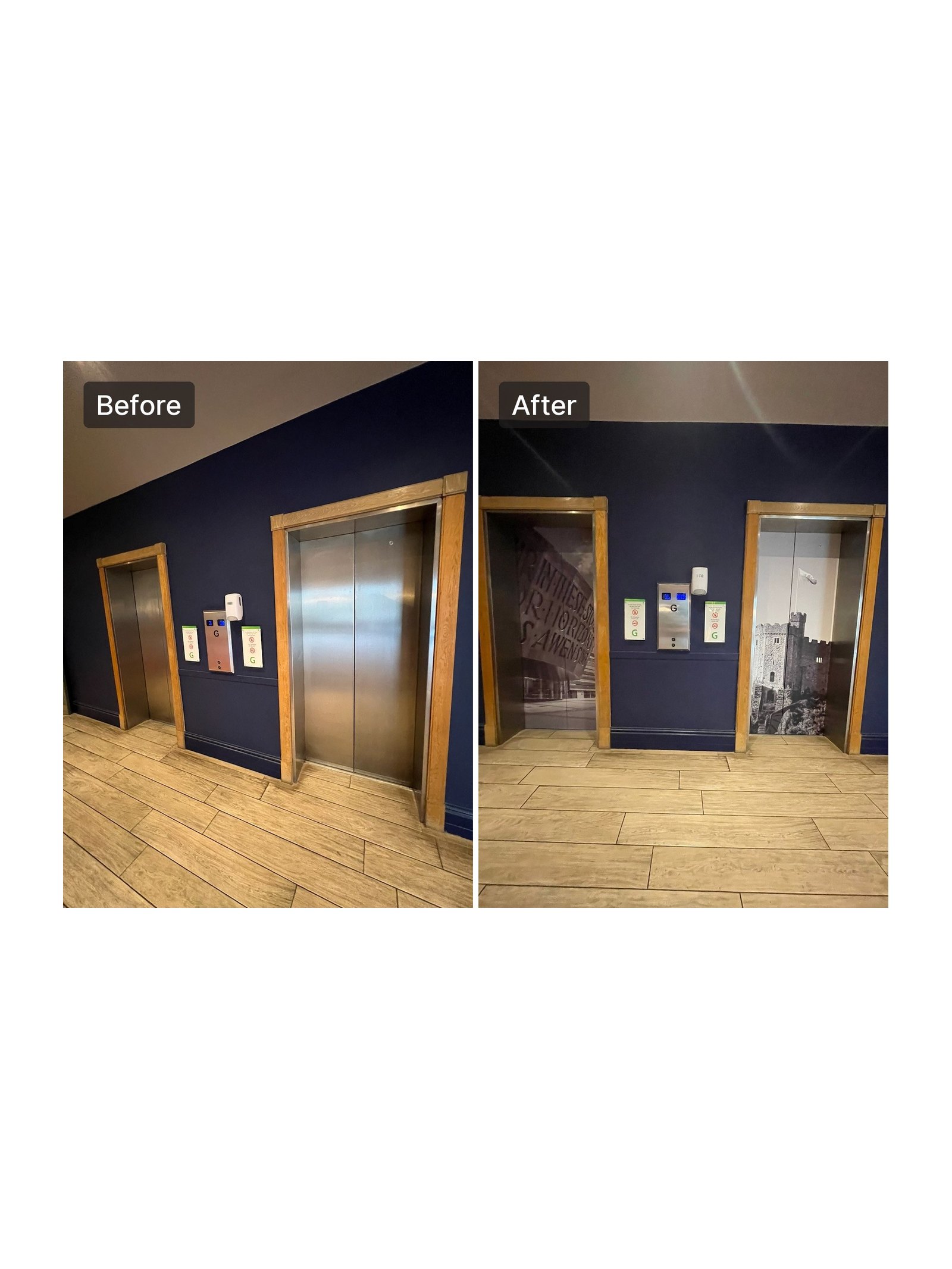 Hotel lift doors before and after wrapping with Cardiff scenes